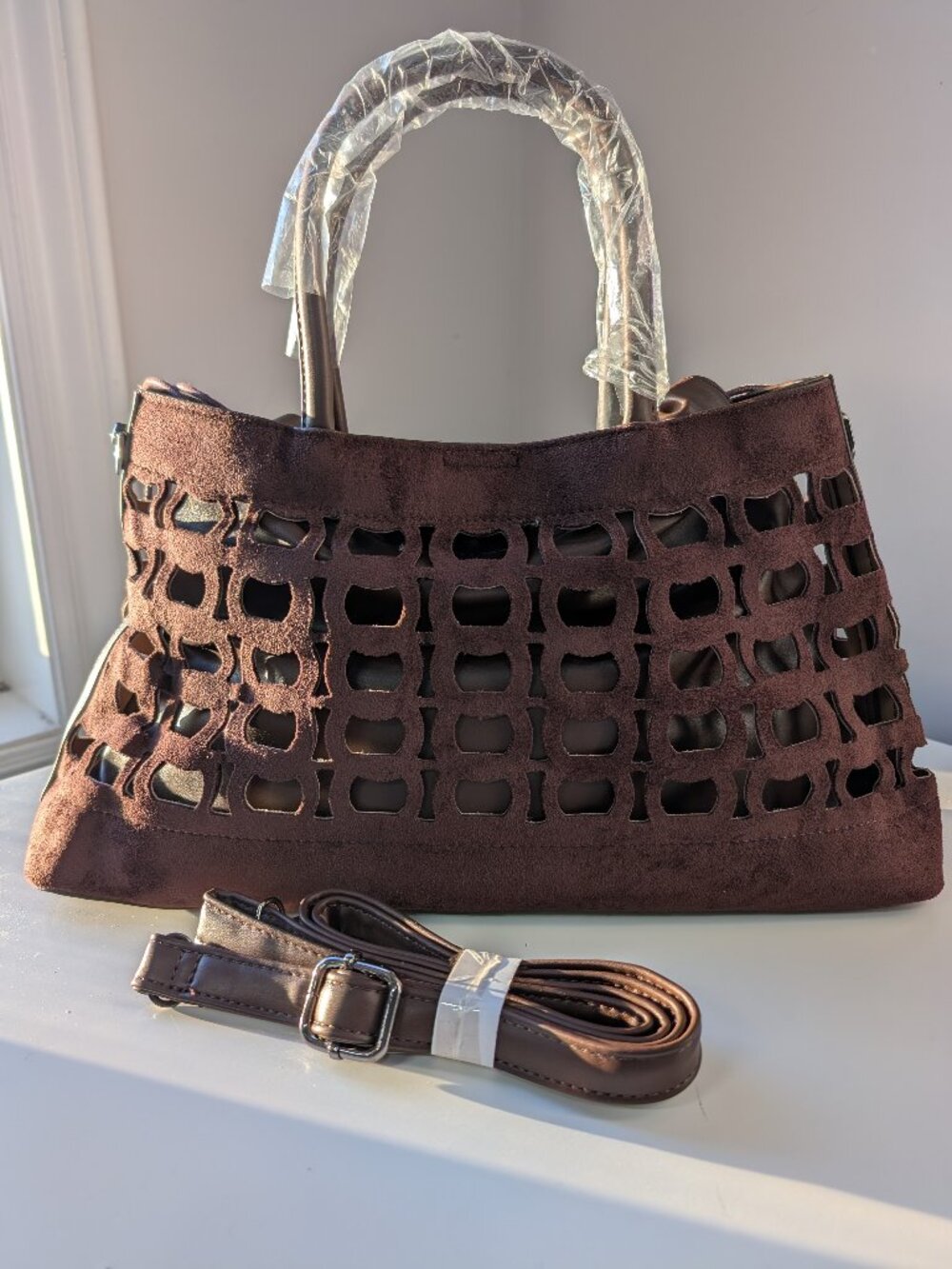 Brown Faux Suede Top Handle/Crossbody Bag with Inner Pouch, Shoulder Bag, NWOT